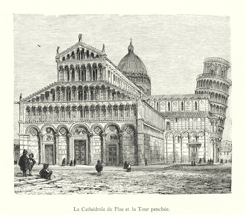 De Kathedraal van Pisa en de Scheve Toren (gravure) door Italian School