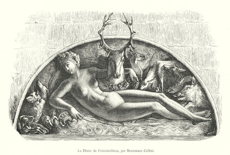 Diana van Fontainebleau, door Benvenuto Cellini (gravure) door Italian School