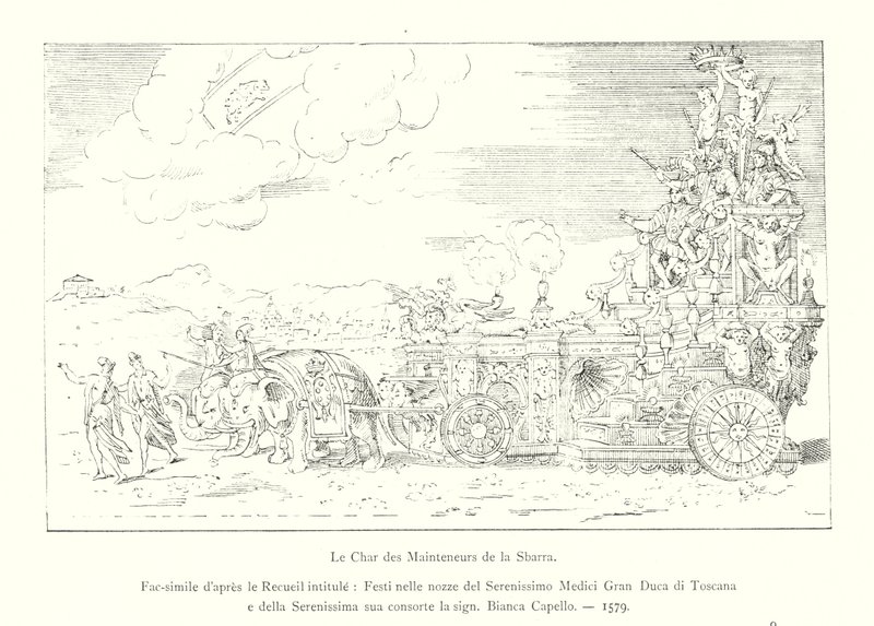 De Wagen van de Onderhouders van de Sbarra, Facsimile naar de Verzameling getiteld, Festi nelle nozze del Serenissimo Medici Gran Duca di Toscana e della Serenissima sua consorte la sign, Bianca Capello door Italian School