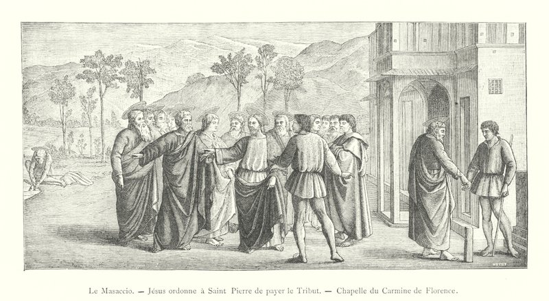 Masaccio, Jezus beveelt Sint-Pieter de belasting te betalen, Kapel van de Carmine in Florence (gravure) door Italian School