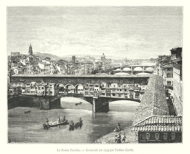De Ponte Vecchio, gebouwd in 1345 door Taddeo Gaddi (gravure) door Italian School