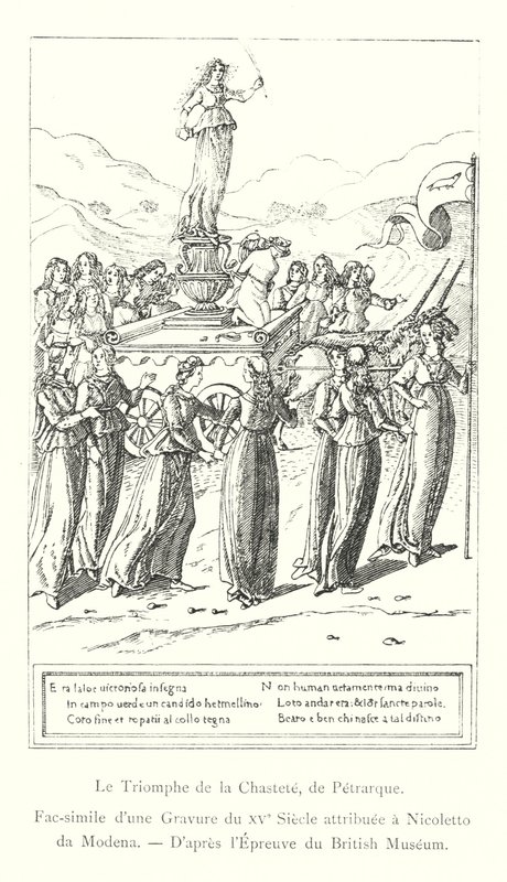 De triomf van de kuisheid, door Petrarca, facsimile van een 15e-eeuwse gravure toegeschreven aan Nicoletto da Modena, naar de proef van het British Museum (gravure) door Italian School