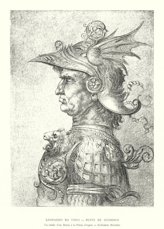 Leonardo da Vinci, Buste van een Krijger, Facsimile van een Tekening met Zilveren Punt, Collectie Malcolm door Italian School
