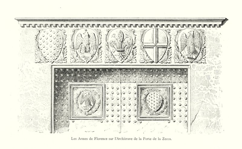 De wapens van Florence op het architraaf van de poort van de Zecca (gravure) door Italian School