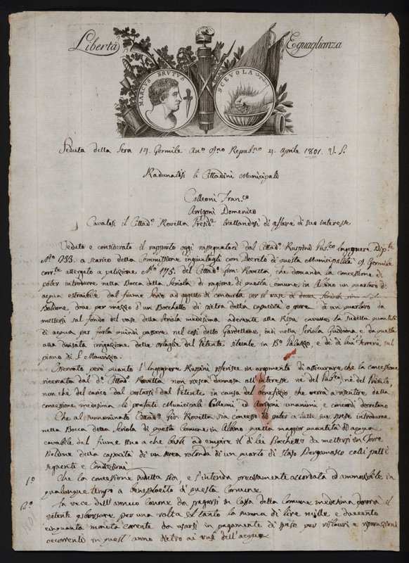 Brief in het Italiaans, met een afbeelding van het hoofd van Brutus de jongere, een brandende hand die Gaius Mucius Scaevola voorstelt, en het motto van de Franse Revolutie door Italian School
