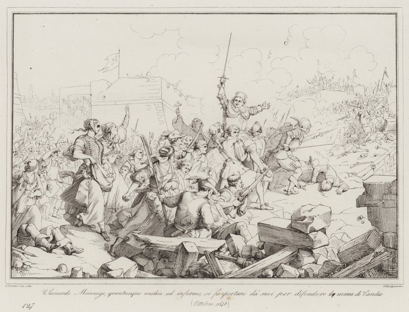 Luigi Leonardo Mocenigo, hoewel oud en ziek, laat zich door zijn mannen dragen om te verdedigen (gravure) door Italian School