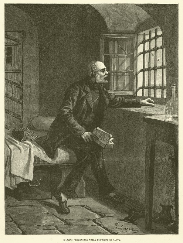 Mazzini gevangene in het fort van Gaeta (gravure) door Italian School