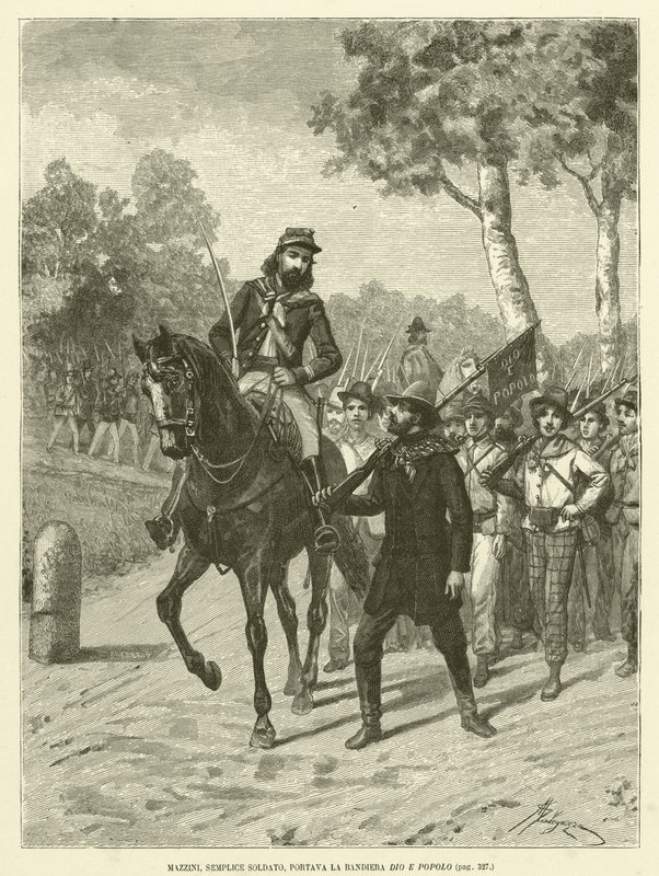 Mazzini, eenvoudige soldaat, droeg de vlag God en Volk (gravure) door Italian School