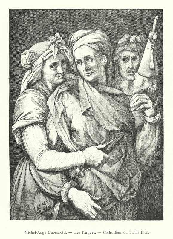Michelangelo Buonarroti, De Parcen, Collecties van het Pitti-paleis (gravure) door Italian School