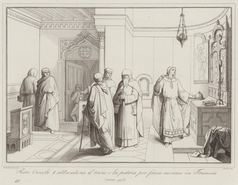 Pietro Orseolo I verlaat de troon en het vaderland om monnik te worden in Frankrijk, 978 door Italian School