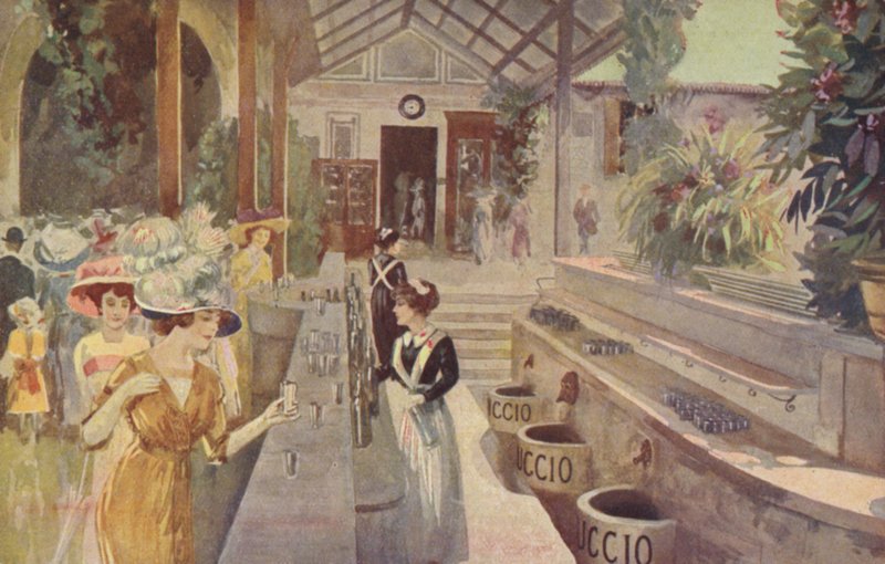 Ansichtkaart met vrouwen aan de bar van Tettuccio, Bagni di Montecatini (kleurenlitho) door Italian School