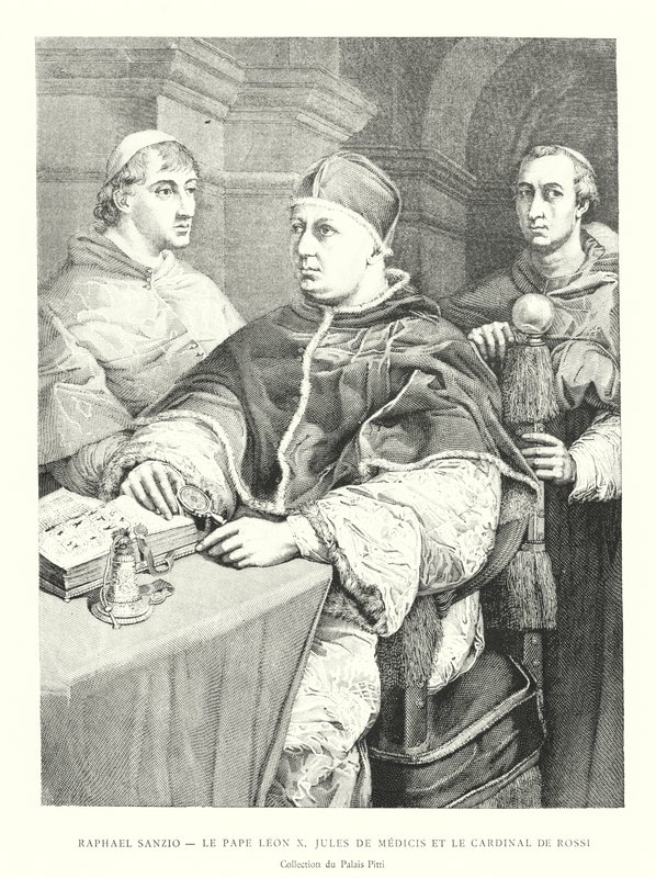 Raphael Sanzio, Paus Leo X, Jules de Medicis en de Kardinaal de Rossi, Collectie van het Pitti Paleis door Italian School