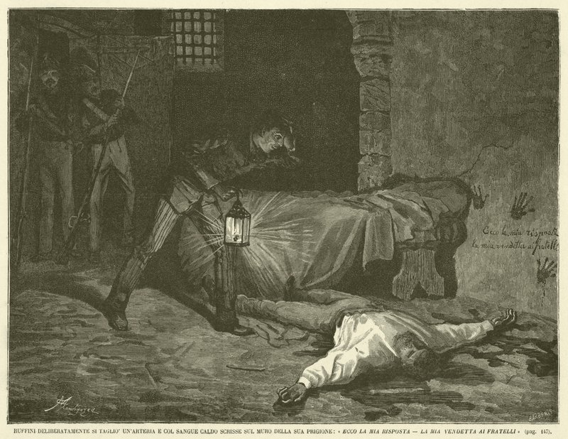 Ruffini sneed opzettelijk een slagader door en schreef met warm bloed op de muur van zijn gevangenis: "Hier is mijn antwoord, mijn wraak aan de broeders" (gravure) door Italian School