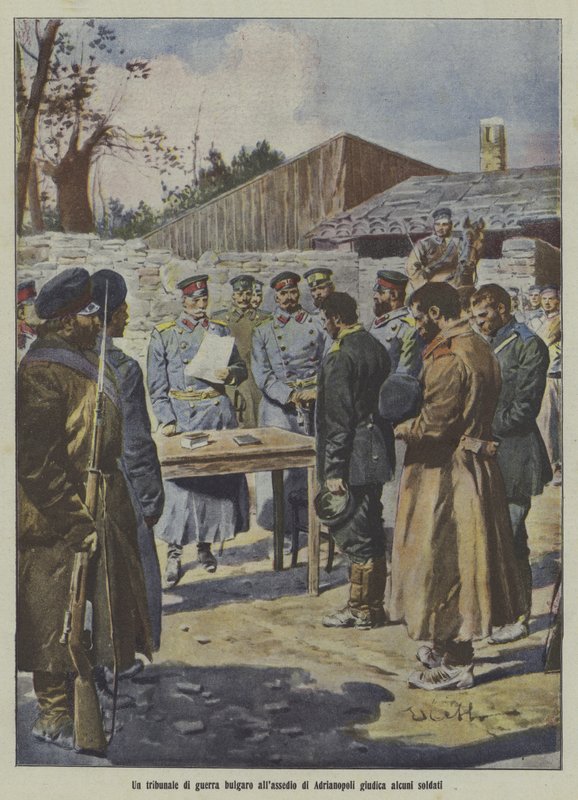 Soldaten worden berecht door een Bulgaars militair tribunaal tijdens het Beleg van Adrianople, Eerste Balkanoorlog (kleurenlitho) door Italian School