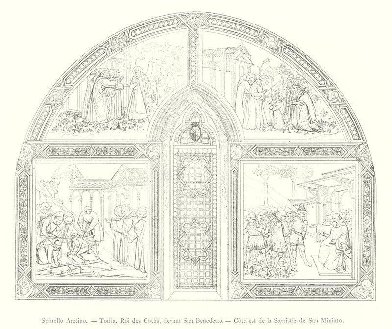 Spinello Aretino, Totila, Koning der Goten, voor San Benedetto, oostkant van de sacristie van San Miniato (gravure) door Italian School