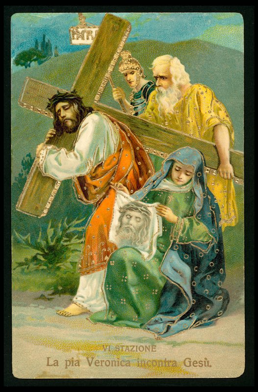 De kruisweg (uit een set van 14) (kleurenlitho) door Italian School
