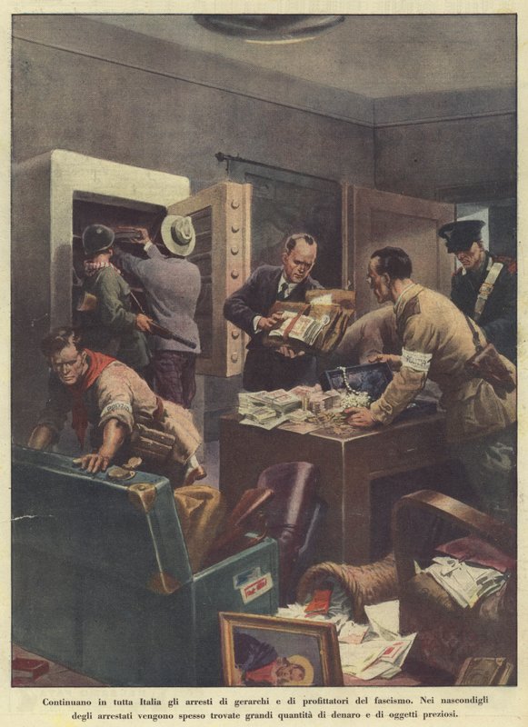De arrestaties van hiërarchen en profiteurs van het fascisme gaan door in heel Italië (kleurenlitho) door Italian School