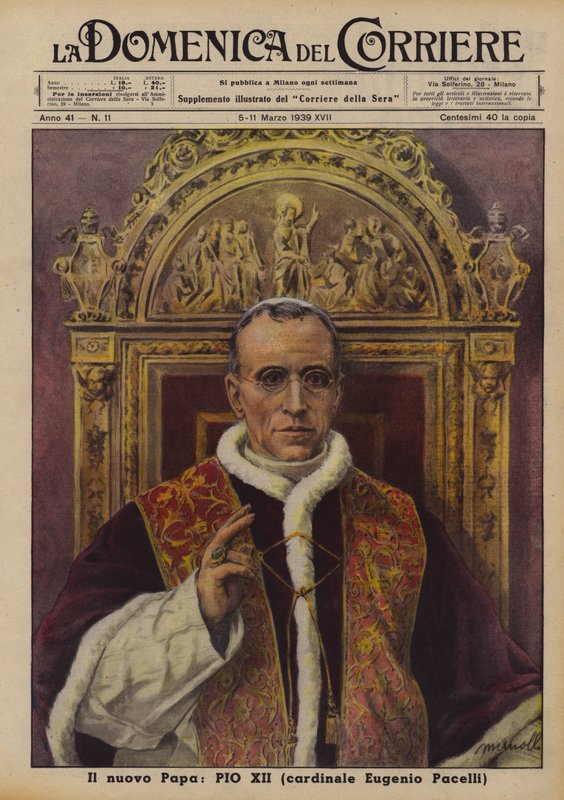 De nieuwe paus, Pius XII (kardinaal Eugenio Pacelli) (kleurenlitho) door Italian School