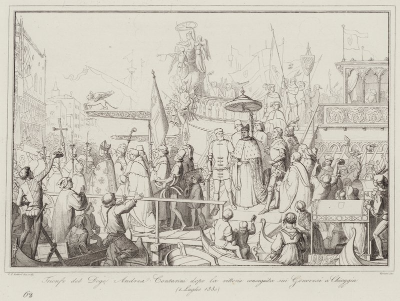 Triomf van Doge Andrea Contarini na de overwinning op de Genuezen bij Chioggia door Italian School