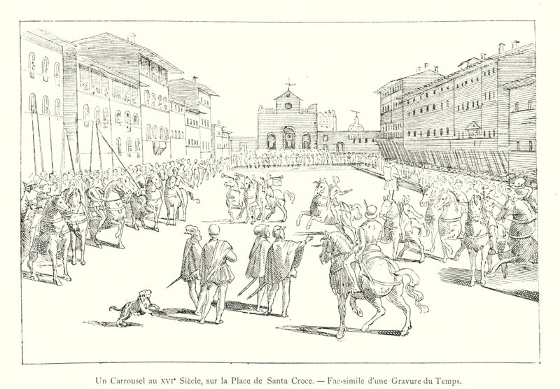 Een carrousel in de 16e eeuw, op het plein van Santa Croce, facsimile van een gravure uit die tijd (gravure) door Italian School