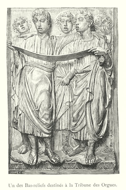Een van de Bas-reliëfs bestemd voor de Orgeltribune (gravure) door Italian School