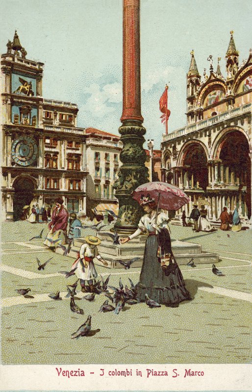 Venetië, Italië, Zuilen op het San Marcoplein (kleurenlitho) door Italian School