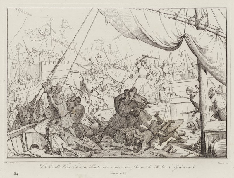 Overwinning van de Venetianen in Butrinto tegen de vloot van Roberto Guiscardo door Italian School