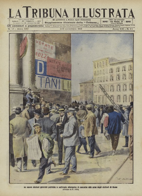 Kiezers naar de stembus voor de algemene verkiezingen in Rome (kleurenlitho) door Italian School