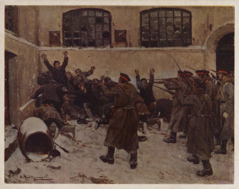 Russische soldaten schieten demonstranten in het Presnya-district van Moskou tijdens de Revolutie van 1905 door Ivan Alexeyevich (after) Vladimirov