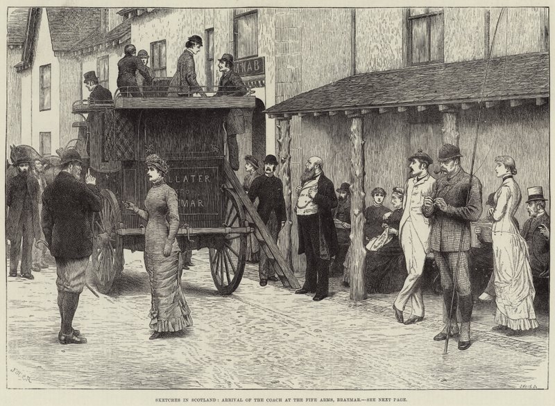 Schetsen in Schotland, Aankomst van de Koets bij de Fife Arms, Braemar door J.M.L. Ralston