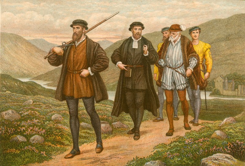 John Knox draagt het zwaard voor George Wishart, na de poging tot moord in Dundee door J.M.L. Ralston