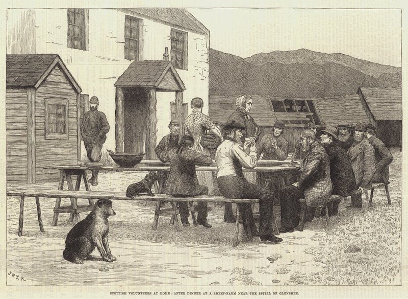 Schotse vrijwilligers thuis, na het diner op een schapenboerderij nabij de Spital van Glenshee door J.M.L. Ralston