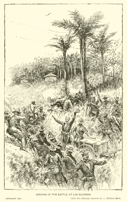 Begin van de Slag bij Las Guasimas (litho) door J. (after) Steeple Davis