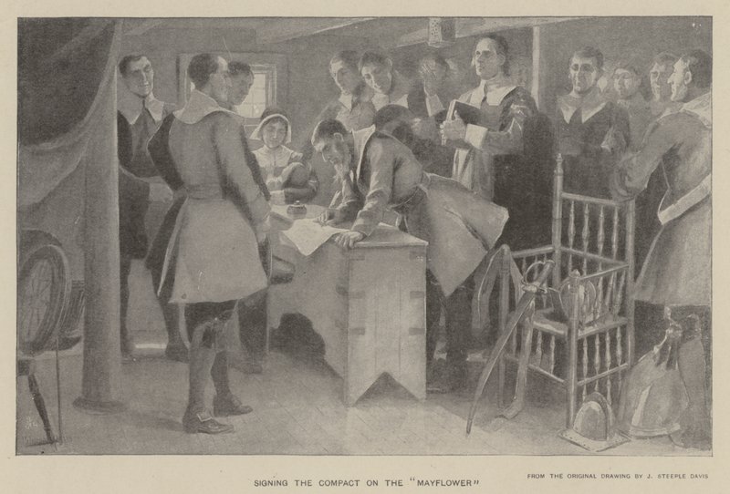 Ondertekening van het verdrag op de "Mayflower" (litho) door J. (after) Steeple Davis