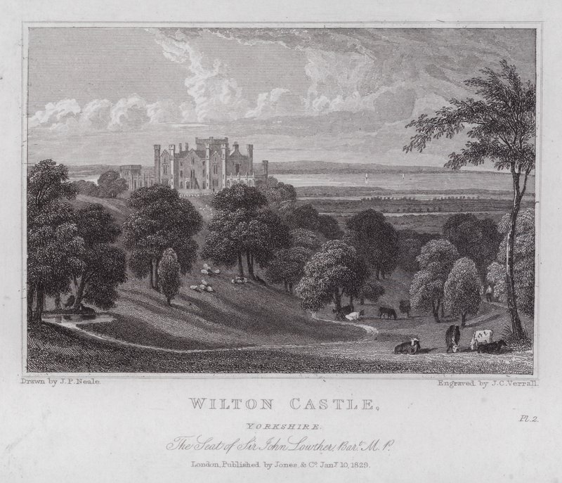 Wilton Castle, Yorkshire, het huis van Sir John Lowther (gravure) door John Preston Neale