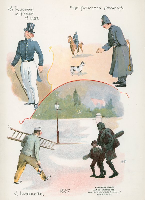 Politieagent of Peeler van 1837, Politieagent tegenwoordig, Lantaarnopsteker, Schoorsteenveger door J. R. Sinclair