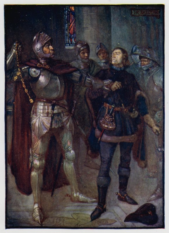Archibald, Graaf van Angus, arresteert de architect Robert Cochrane, een favoriet van Koning James III van Schotland, en haalt de gouden ketting van zijn nek, 1482 door J. R. Skelton