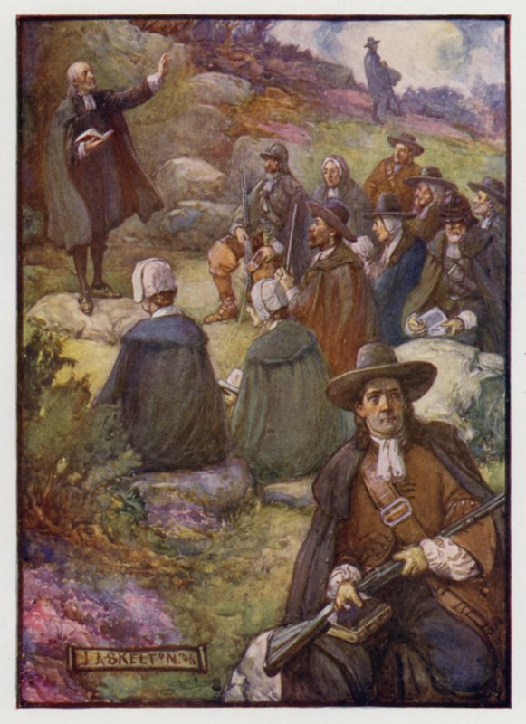 Gewapende wachters houden de wacht tijdens een bijeenkomst van Schotse Covenanters, 17e eeuw door J. R. Skelton