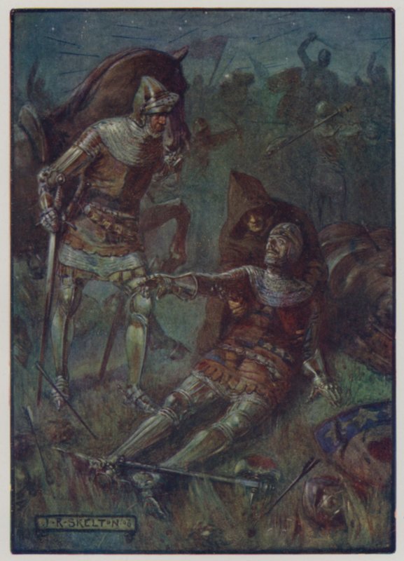 Dood van James, 2e Graaf van Douglas, vechtend tegen de Engelsen in de Slag bij Otterburn, 1388 door J. R. Skelton