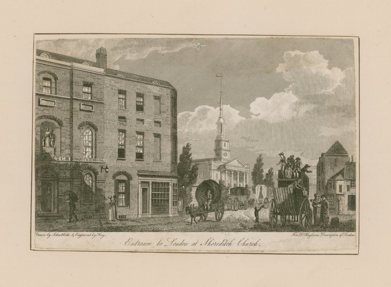 Ingang van Londen bij Shoreditch Church door Jacob Schnebbelie