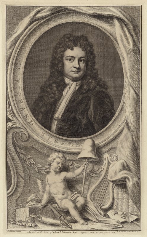 Sir Richard Steele, Ierse schrijver, toneelschrijver en politicus en medeoprichter van The Tatler magazine (gravure) door Jacobus Houbraken