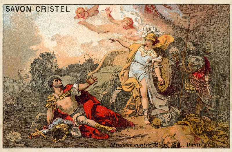Het gevecht van Mars en Minerva (chromolitho) door Jacques Louis David