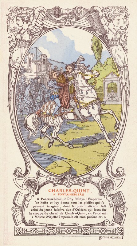 Charles, Hertog van Orleans, verrast Keizer Karel V door op zijn paard te springen en hem zijn gevangene te verklaren, Fontainebleau door Jacques Emile (after) Blanche