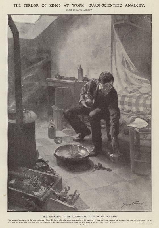 De terreur van koningen aan het werk: quasi-wetenschappelijke anarchie (litho) door Jacques Marie Omer Camoreyt