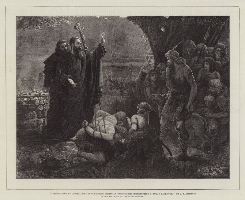 Invoering van het Christendom in Groot-Brittannië, Christelijke Missionarissen onderbreken een Menselijk Offer, in de Tentoonstelling van de Koninklijke Academie door James Elder Christie