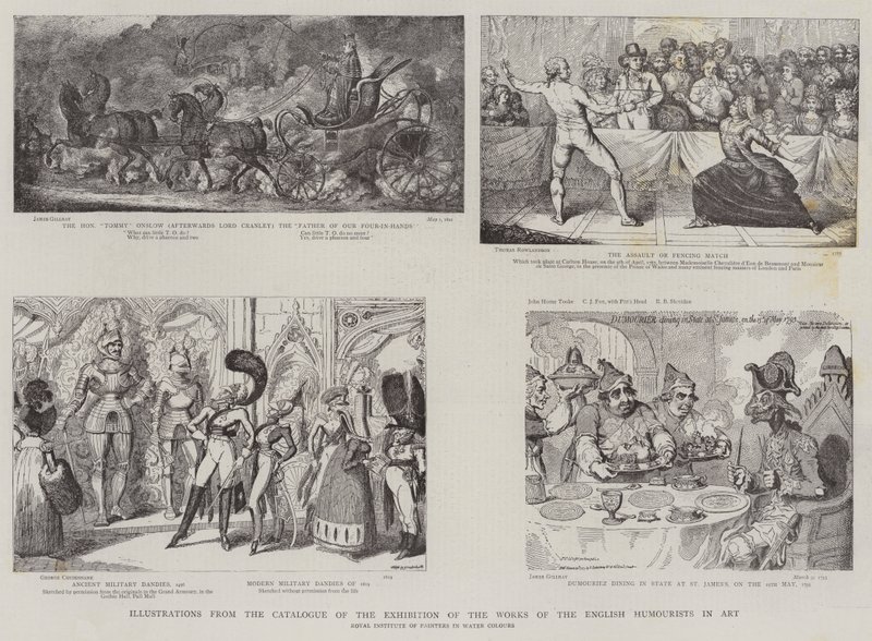 Illustratie uit de catalogus van de tentoonstelling van de werken van de Engelse humoristen in de kunst door James Gillray