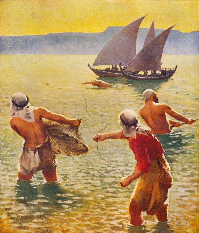 Heilig Land: Vissen in het Meer van Galilea door James (after) Clark
