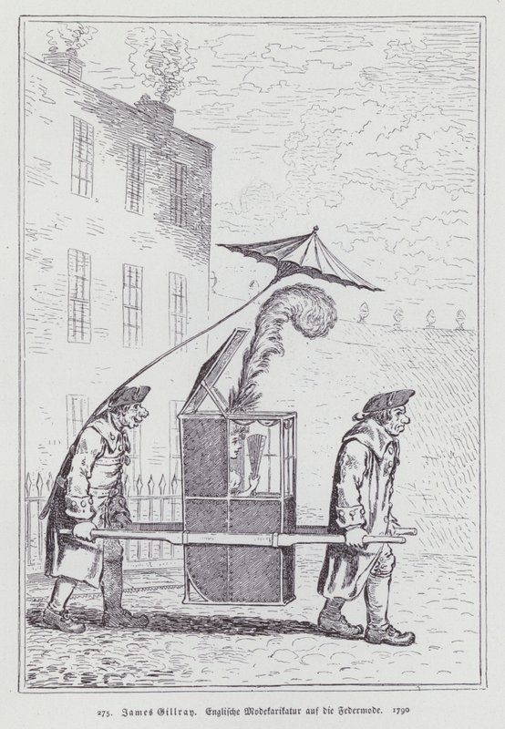 Engelse cartoon die de mode voor vrouwen met verenhoofdtooien bespot door James (after) Gillray