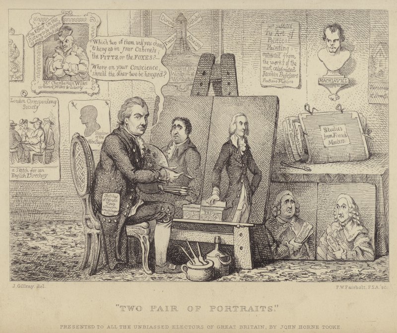 Twee paar portretten: anti-Whig cartoon met John Henry Tooke met portretten van Charles James Fox die ondeugd personifieert en William Pitt de Jongere die deugd vertegenwoordigt door James (after) Gillray