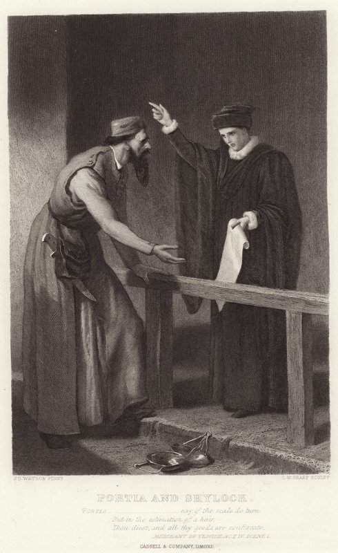 Portia en Shylock, Koopman van Venetië, Act IV, Scene I door James Dawson Watson